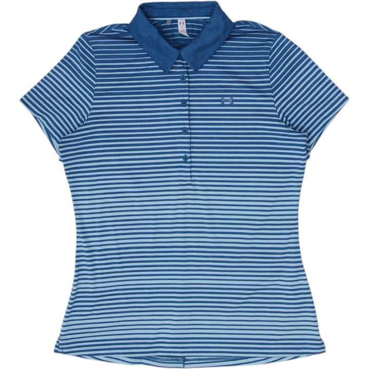 Ladies Under Armour Polo Blue Striped Short Sleeve Fitted Performance Size L