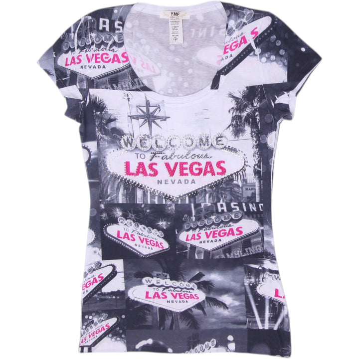 Y2K Ladies YMF USA LLC Las Vegas All Over Print Cap Sleeve Made In USA Size S