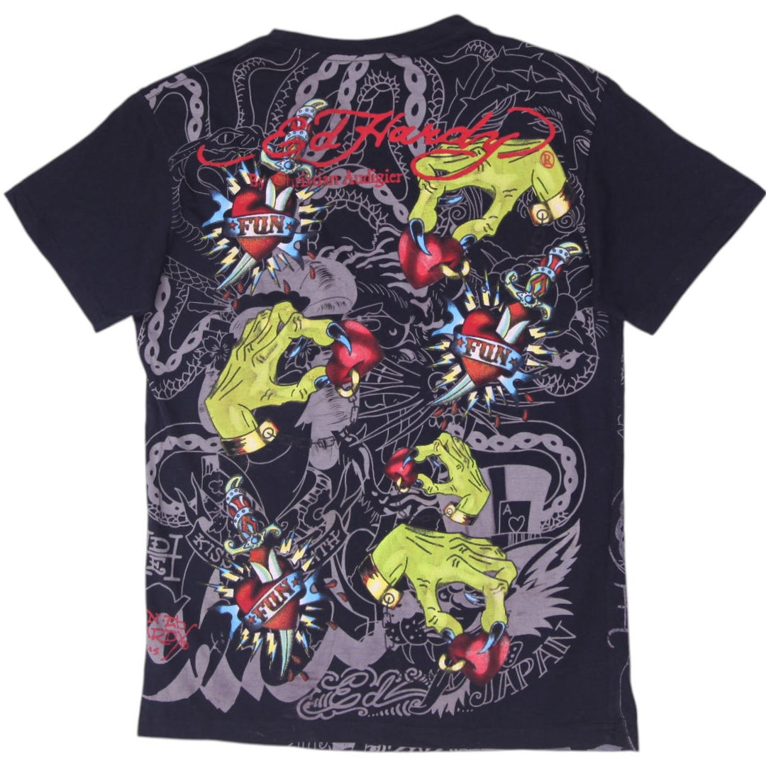 Y2K Ladies Ed Hardy All Over Print Superstar Eagle Fun Dagger Heart T-Shirt XL