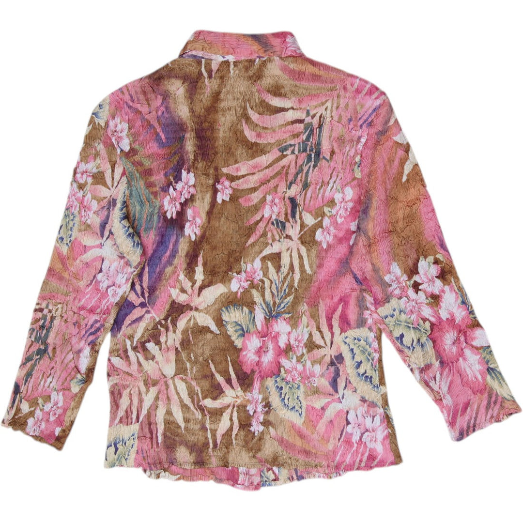 Y2K Ladies Alberto Makali Crinkle Floral Button Up Pink Tropical Top  Size L