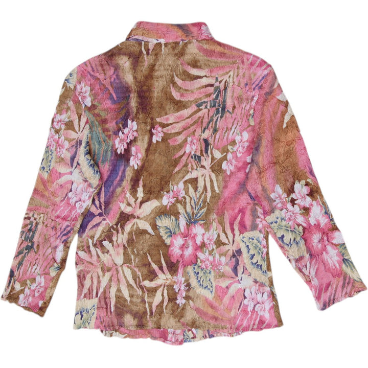 Y2K Ladies Alberto Makali Crinkle Floral Button Up Pink Tropical Top  Size L
