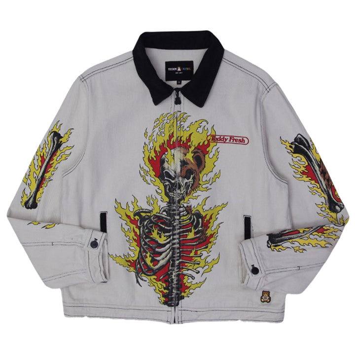 Mens Teddy Fresh Inflames Bear Zipper Denim Jacket