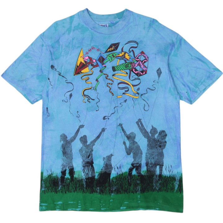 Vintage Mens Hanes Graphic T-Shirt Blue Tie Dye Kites Flying Art Single Stitch Size XL | Migration_T-Shirts | Fashion Rerun