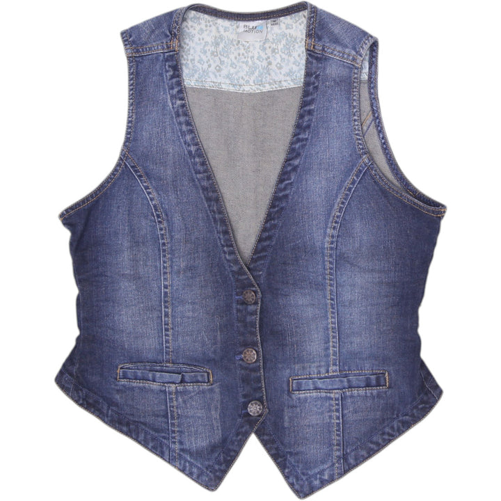 Y2K Ladies Blue Motion Denim Vest Waistcoat Medium Dark Wash Floral Inner Trim