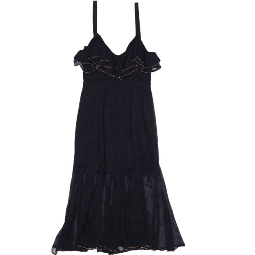 Y2K Ladies Black Ruffle Strappy Elegant Midi Dress Size XS | Migration_Dresses - Side View | Fashion Rerun