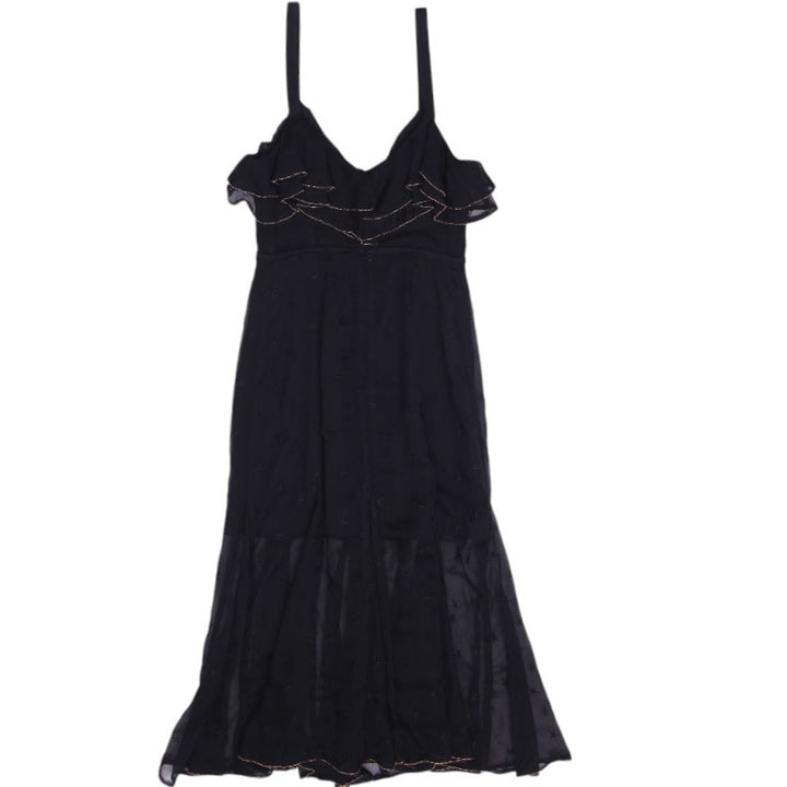 Y2K Ladies Black Ruffle Strappy Elegant Midi Dress Size XS | Migration_Dresses - Side View | Fashion Rerun