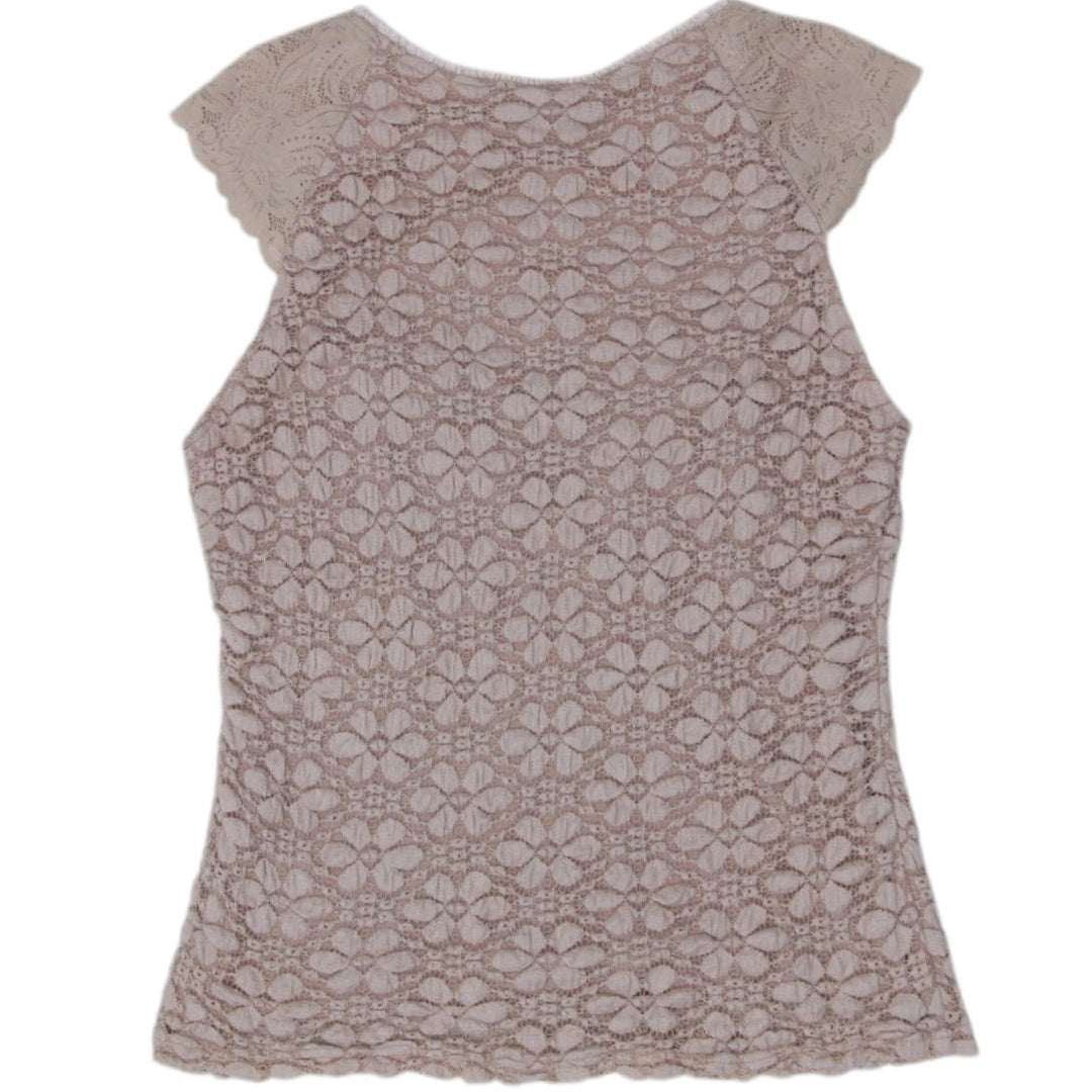 Y2K Ladies Blouse Brown Lace Short Sleeve Beaded Front