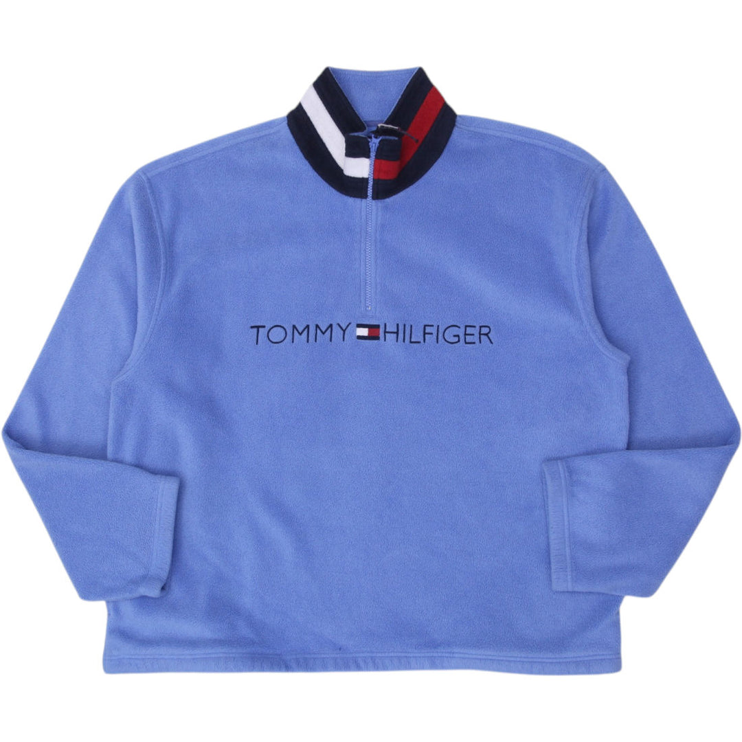 Vintage Mens Tommy Hilfiger 1/4 Zip Fleece Blue Embroidered Sweatshirt | Migration_Jumper & Knitwear | Fashion Rerun