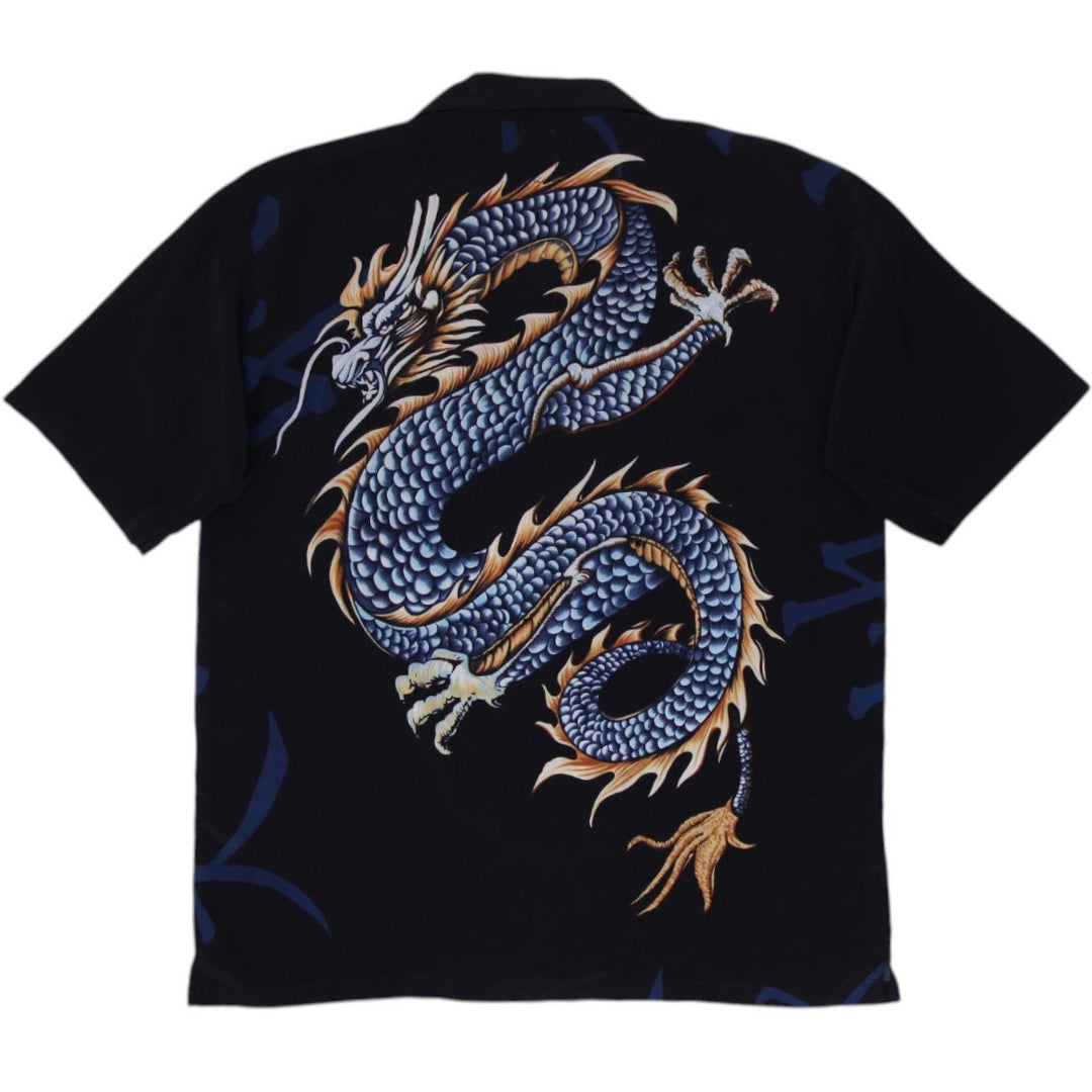 Mens Dragon Graphic Black Short Sleeve Button Shirt  Size M