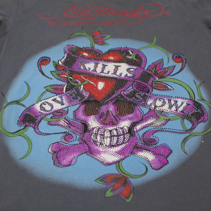 Y2K Mens Ed Hardy Skulls T-Shirt Gray Graphic Tattoo Design