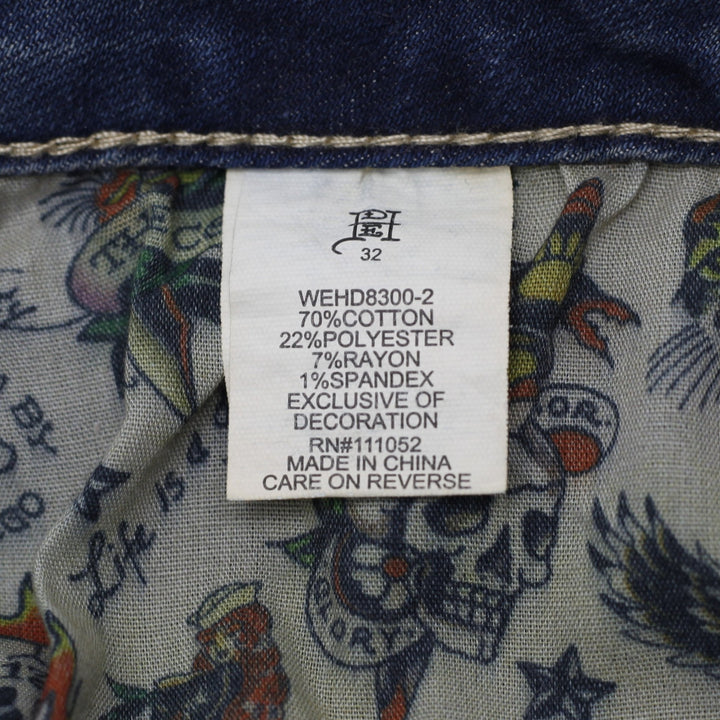 Y2K Mens Ed Hardy Embroidered Wide-Leg Jeans "Brave Hearts Stay True" Size 32