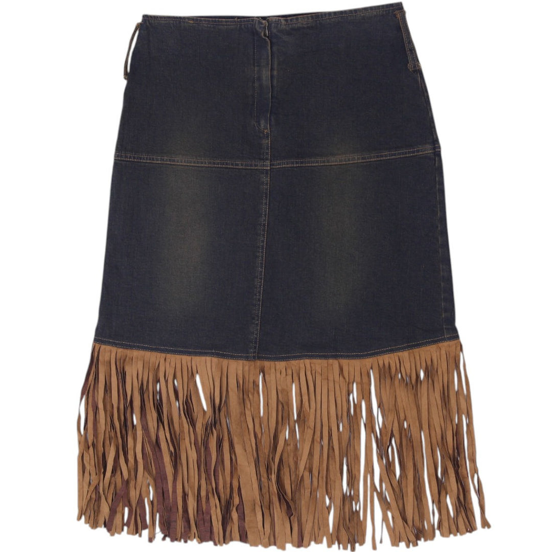 Y2K Ladies New Day Styled Italy Denim Fringe Midi Skirt Size 42