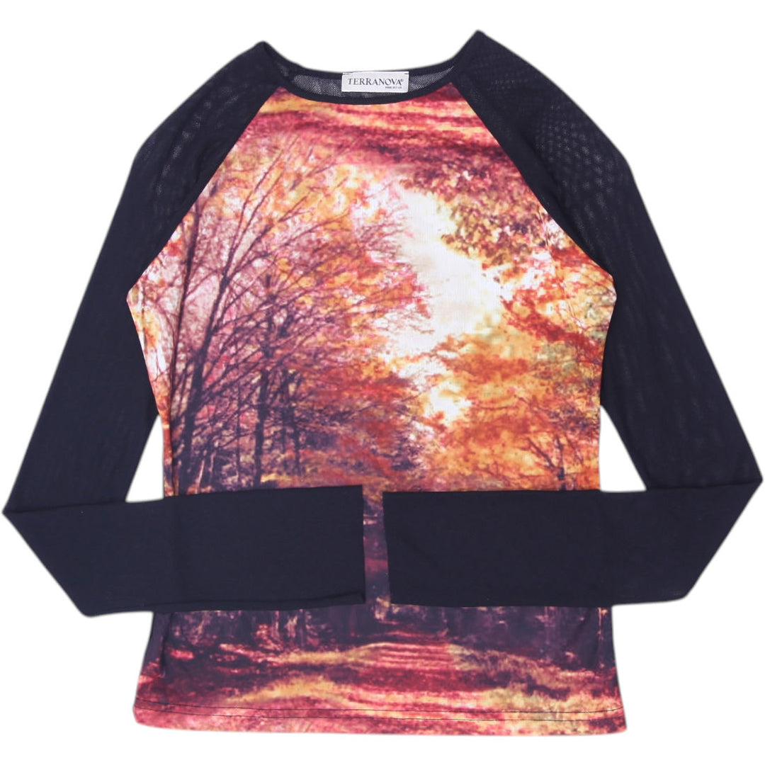 Y2K Ladies Terranova Autumn Forest Photo Print Mesh Top