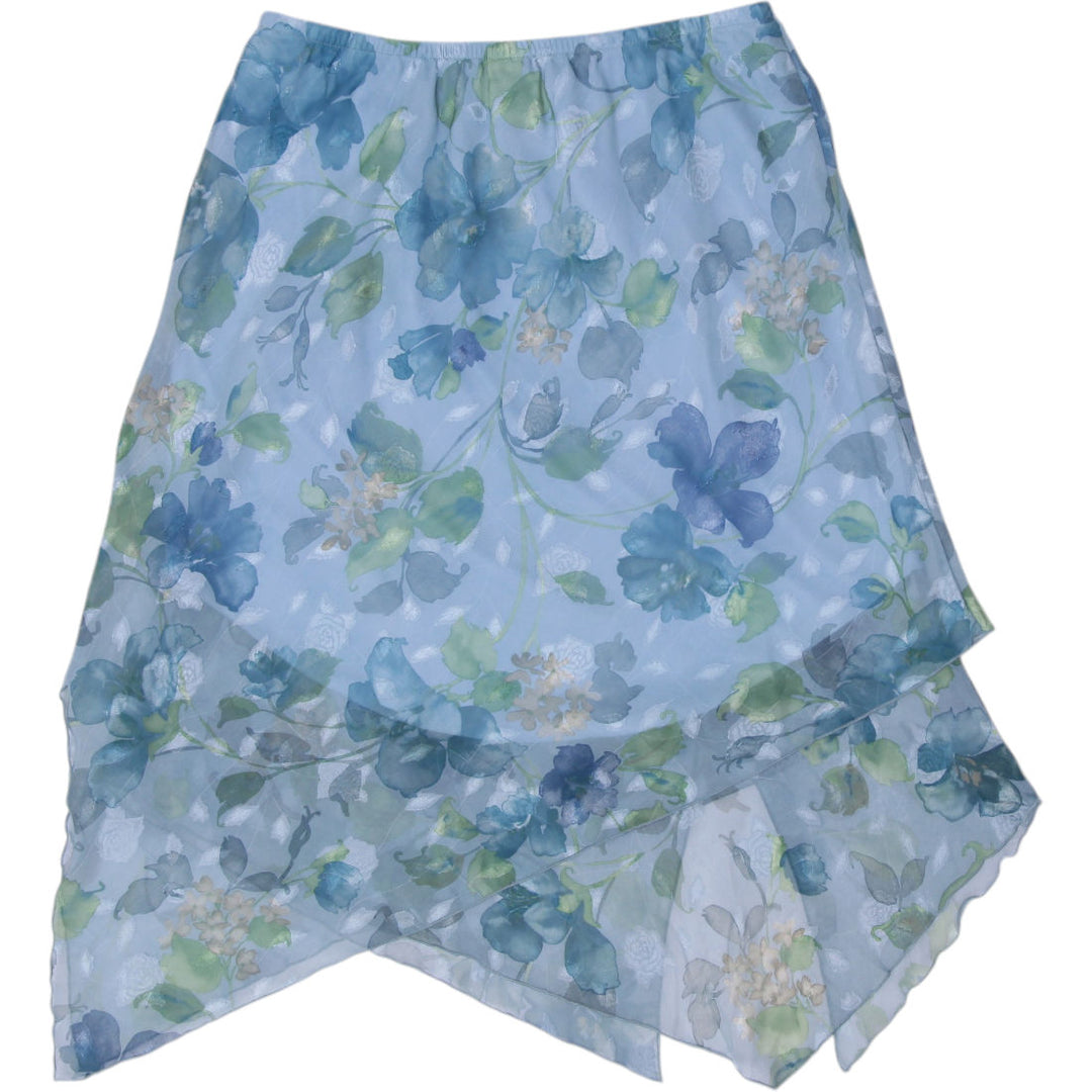 Y2K Ladies Pastel Blue Floral Mesh A-Line Midi Skirt