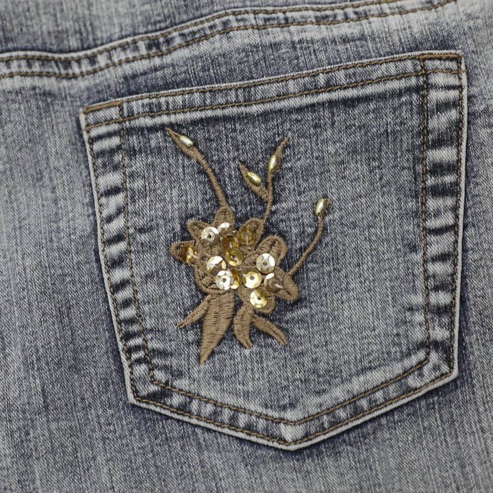 Y2K Ladies Fanhouse Beaded Floral Embroidered Flare Jeans Size 11