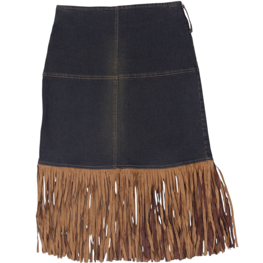 Y2K Ladies New Day Styled Italy Denim Fringe Midi Skirt Size 42