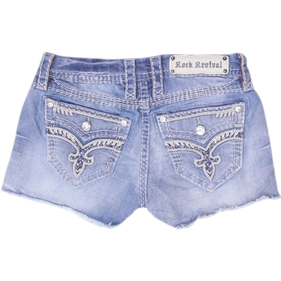 Y2K Ladies Rock Revival Denim Shorts Washed Blue Distressed Rhinestone