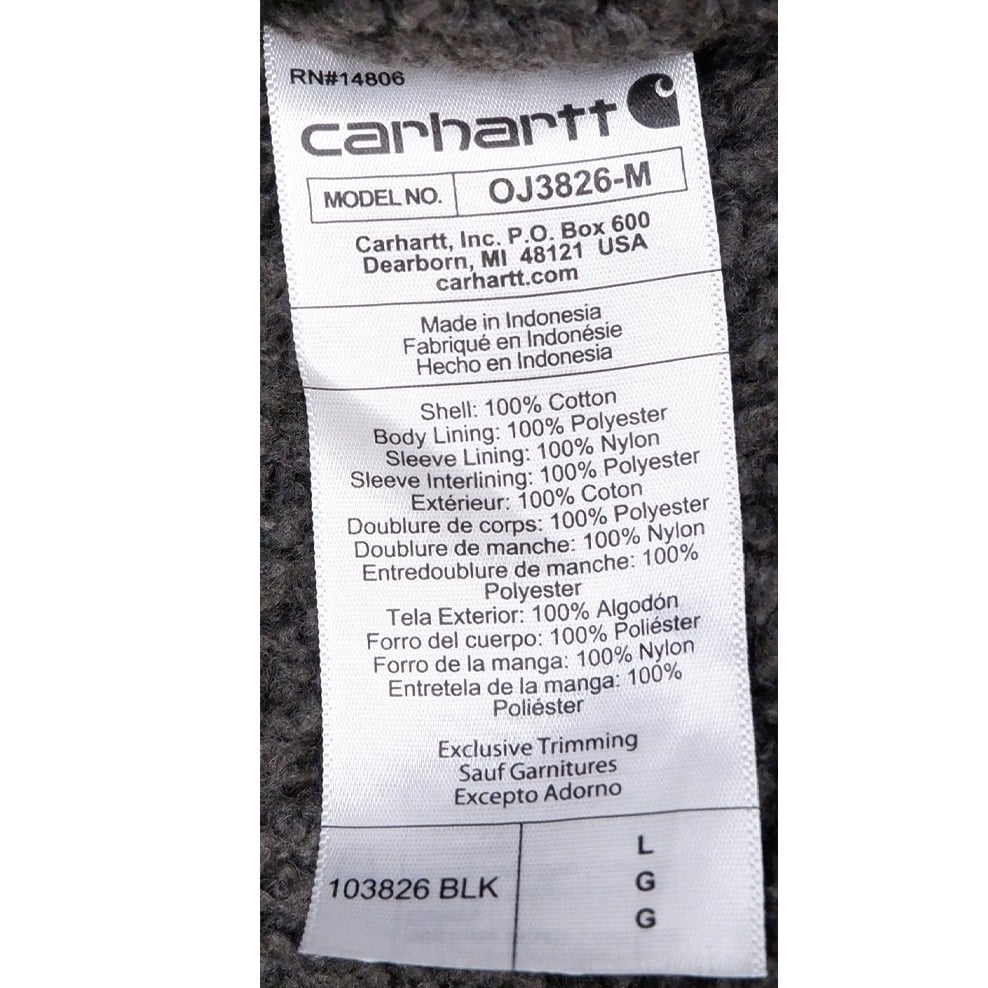 Mens Carhartt 103826 BLK Jacket Black Hooded Workwear Fleece Lining