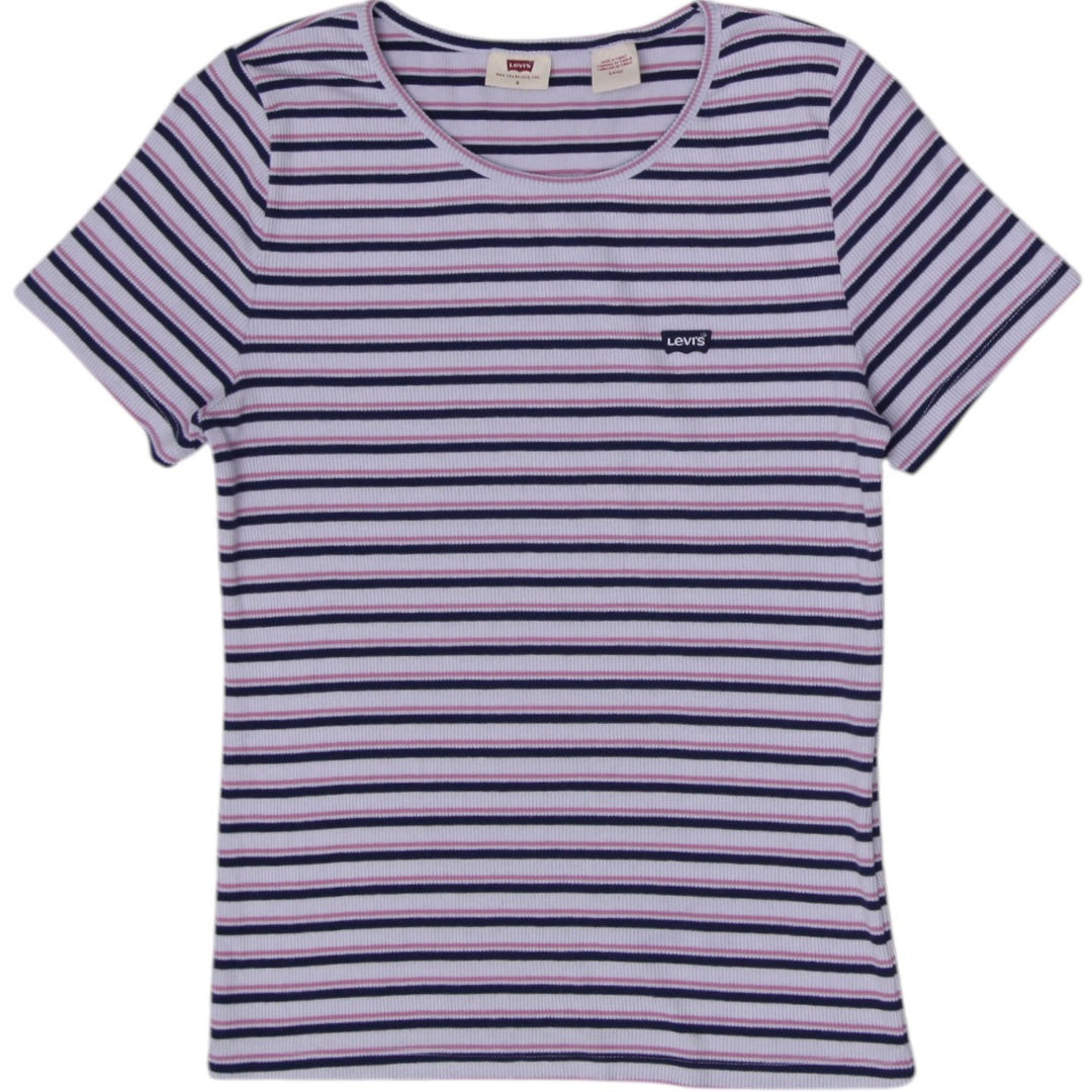 Y2K Ladies Levi’s Pink & Navy Striped Ribbed Knit Short Sleeve T-Shirt Size S