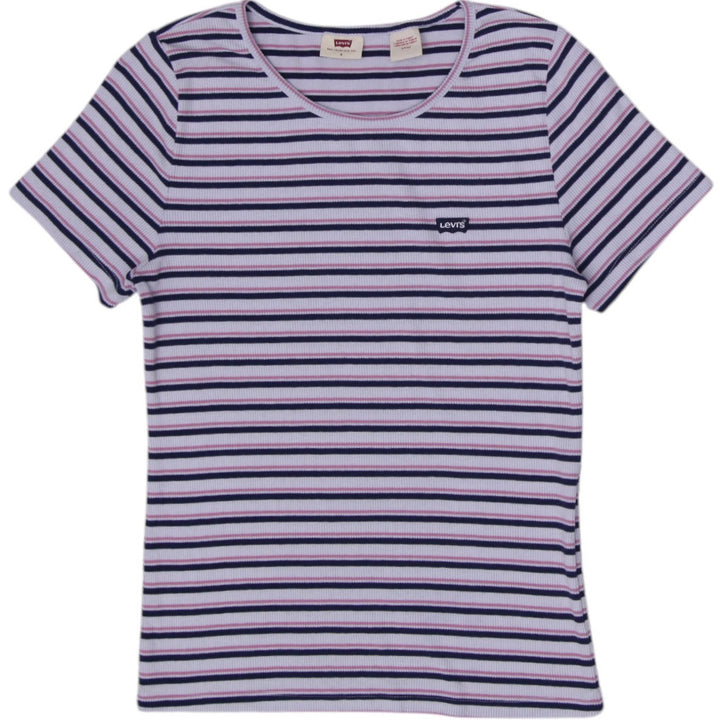 Y2K Ladies Levi’s Pink & Navy Striped Ribbed Knit Short Sleeve T-Shirt Size S