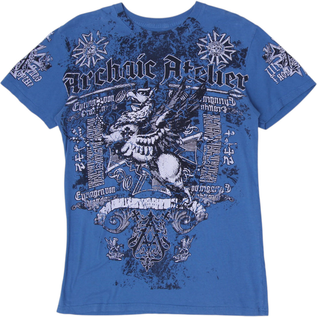 Y2K Mens Archaic by Affliction Phoenix Double Sided Atelier Blue Graphic T-Shirt