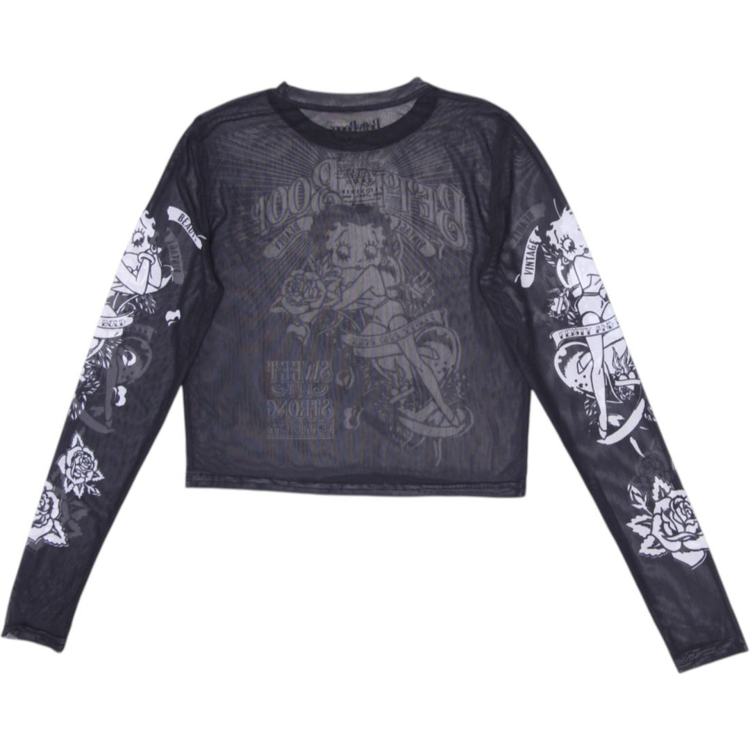Y2k ladies Betty Boop Tattoo Flash Sheer Mesh Long Sleeve Crop Top Size L