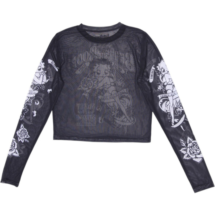 Y2k ladies Betty Boop Tattoo Flash Sheer Mesh Long Sleeve Crop Top Size L