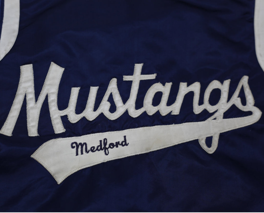 Vintage Medford High Mustangs Varsity Jacket Navy Embroidered Striped 1982-83 Size 42 | Migration_Jackets - D | Fashion Rerun