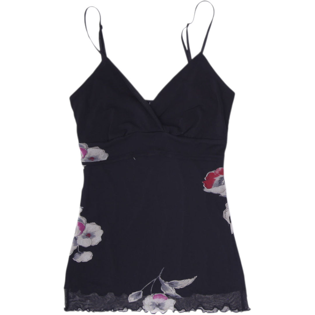 Y2K Ladies Le Château Y2K Floral Mesh Cami Top Black Lace Hem Size XS
