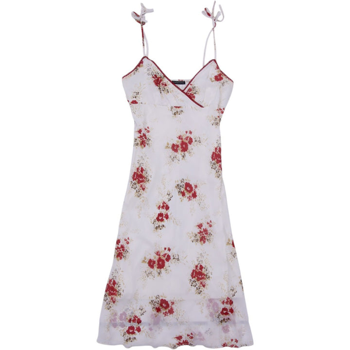 Y2K Ladies Midi Dress Off White Floral Pattern