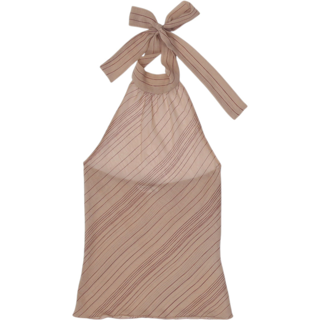 Y2K Ladies Parave Halter Top Beige Sheer Striped Sleeveless Size S