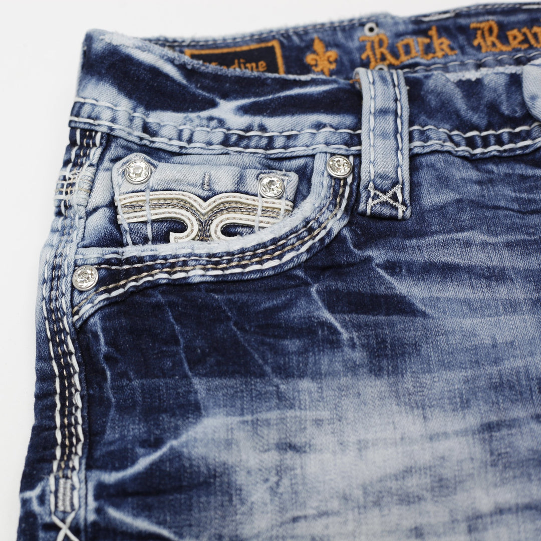 Y2K Ladies Rock Revival Nadine Denim Shorts Blue Distressed Mid Rise