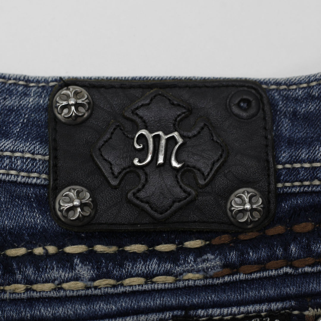 Y2K Ladies Miss Me Bootcut Jeans Blue Distressed Embellished Denim