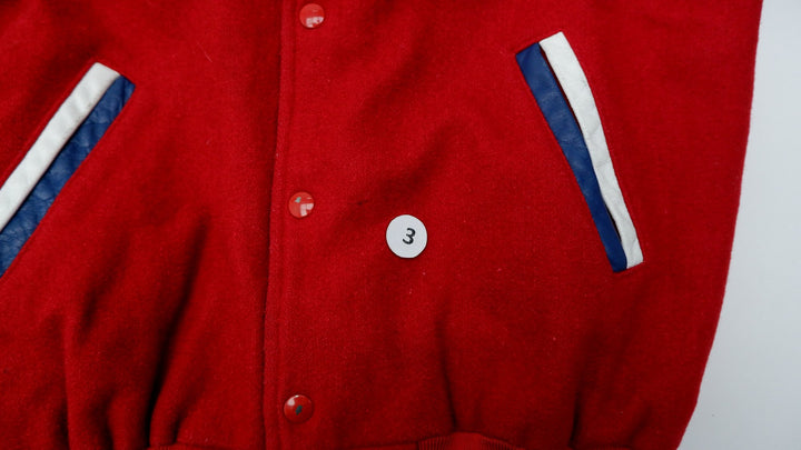 Vintage Mens Classic Varsity Jacket Red Navy Wool Leather Bisons | Migration_Jackets - View 6 | Fashion Rerun
