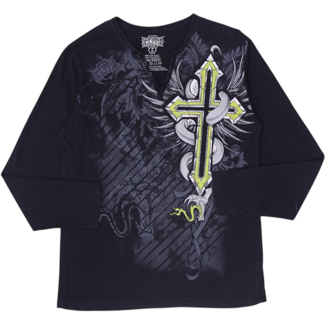 Y2K Mens MMA Elite Long Sleeve Henley Gothic Cross & Serpent Graphic T-Shirt M