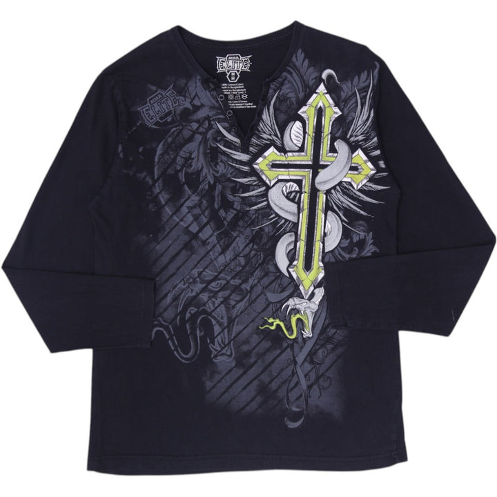 Y2K Mens MMA Elite Long Sleeve Henley Gothic Cross & Serpent Graphic T-Shirt M