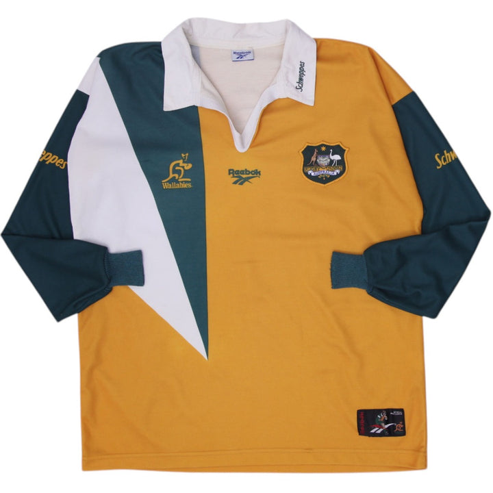 Vintage Mens Reebok Wallabies Rugby T-Shirt Green Gold Logo Australia Size XL