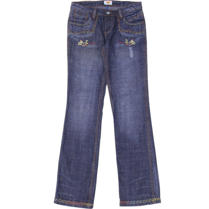 Y2K Ladies Antik Denim Embellished Jeans Blue Embroidered Flare Size 29