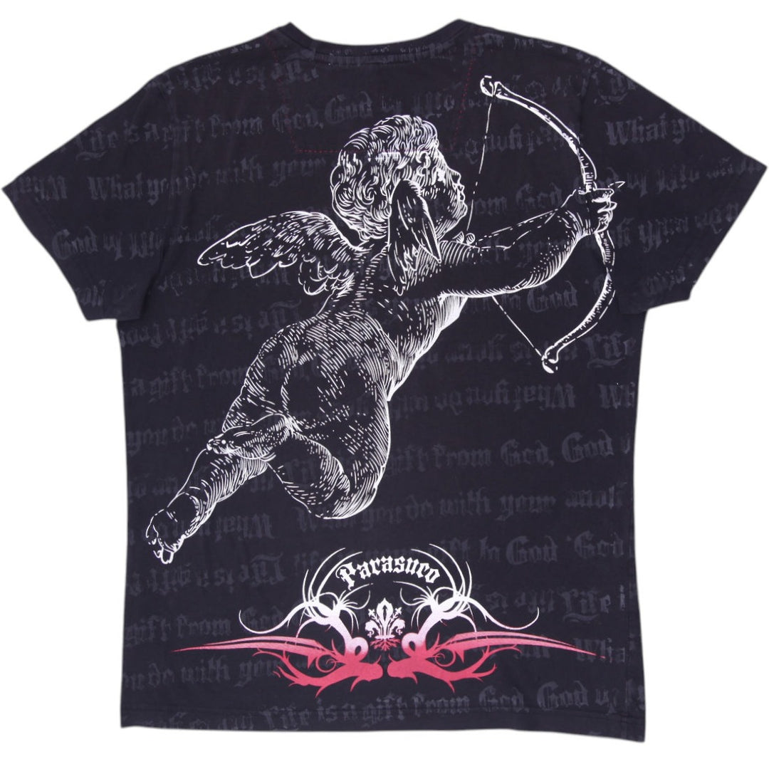 Y2K Mens Parasuco Denim Legend Graphic T-Shirt Cupid Angel Gothic Black Small
