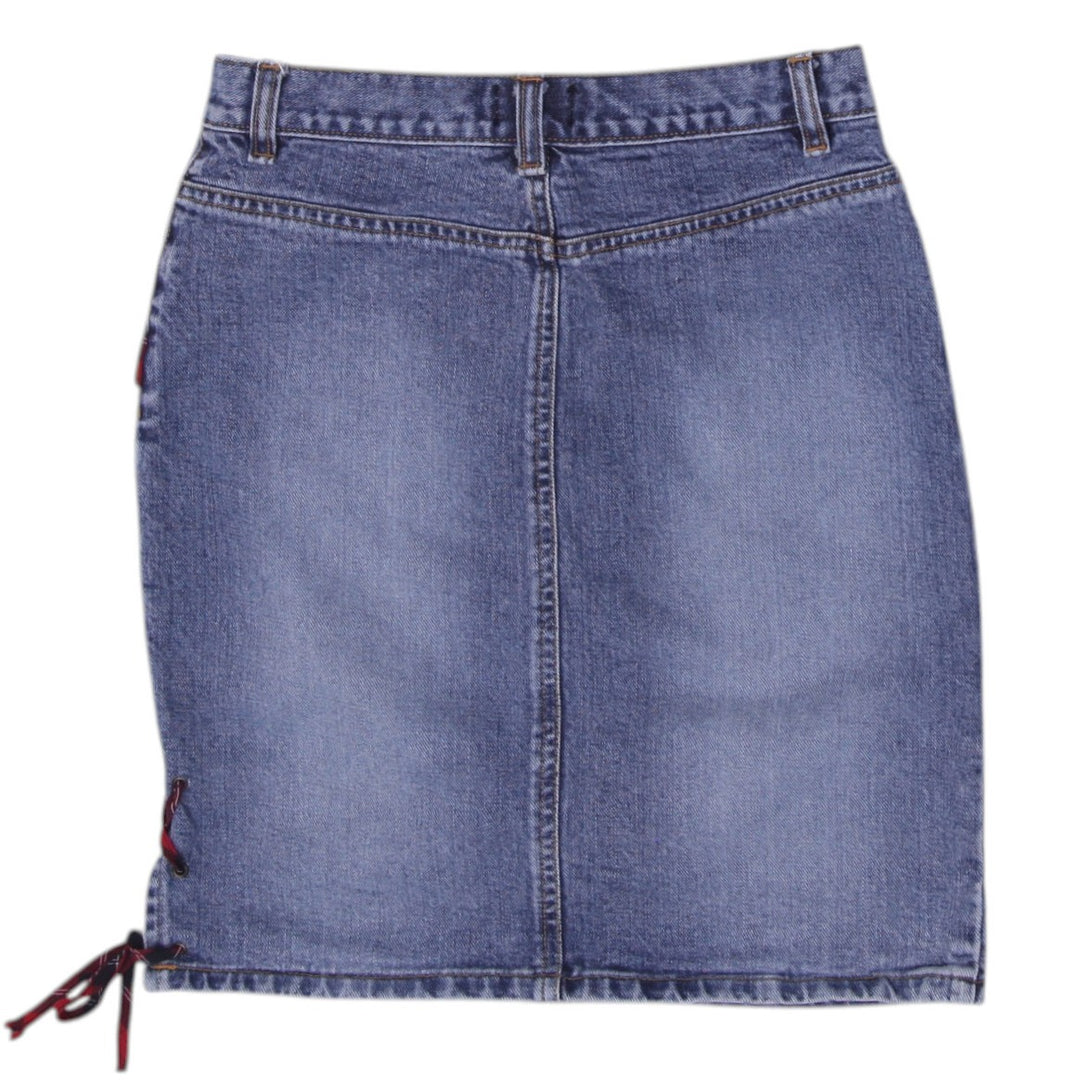 Y2K Ladies Scottish House Denim Mini Lace Up Side Ribbon Skirt Size S