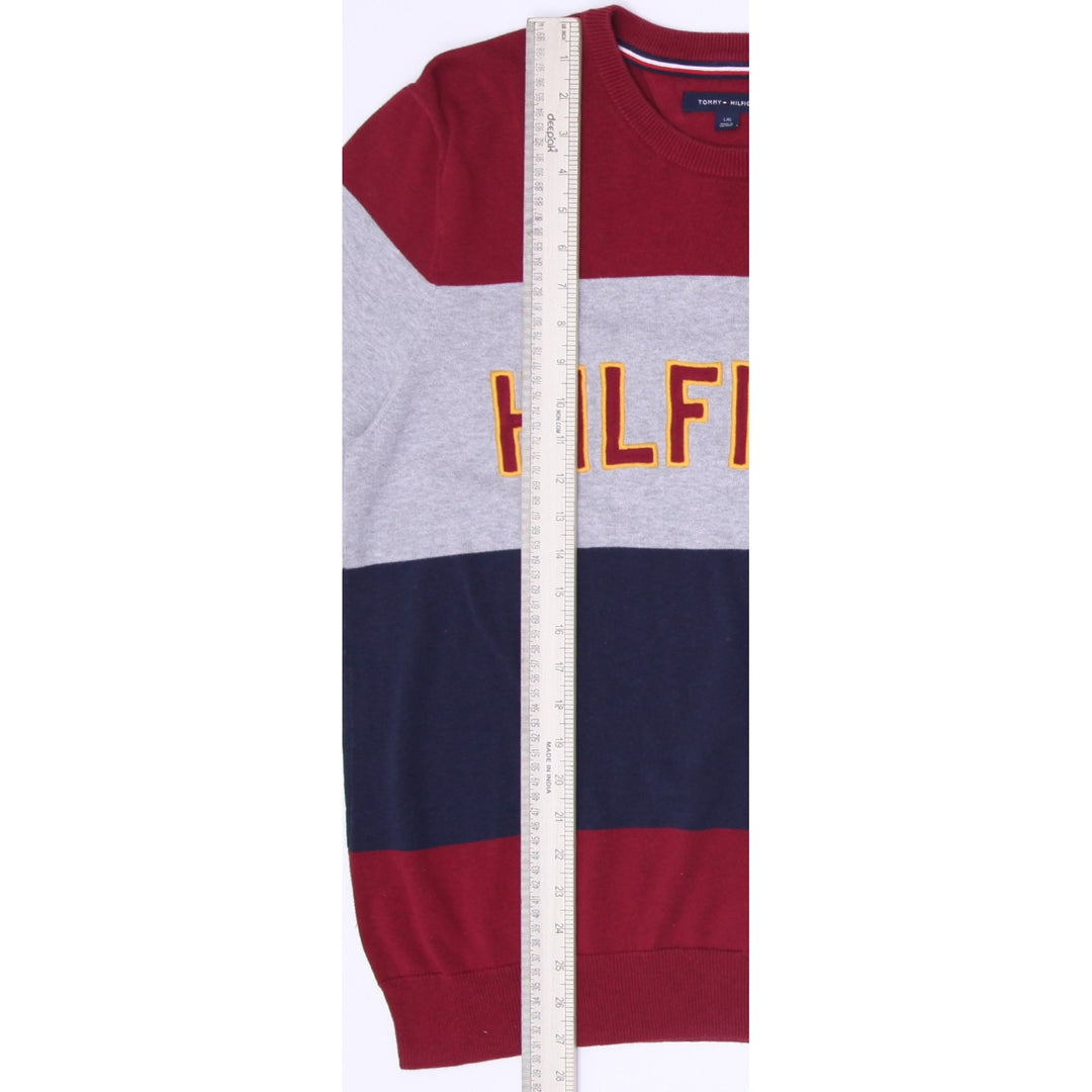Mens Tommy Hilfiger Sweater Maroon Navy Colorblock Logo Crewneck Size L