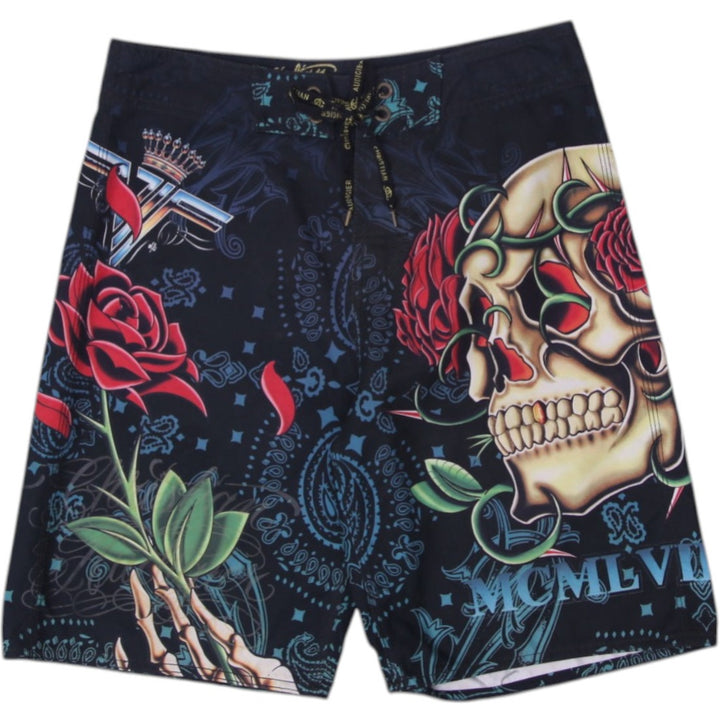 Y2K Mens Christian Audigier Boardshorts Black Skulls Roses Graphic 34