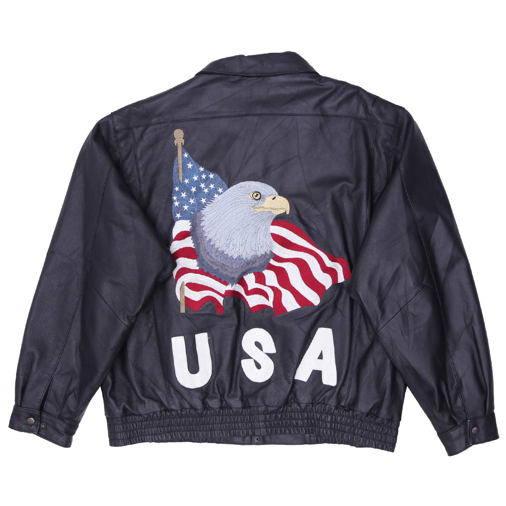 Vintage Leather World Blad Eagle USA Embroidered Full Zip Leather Jacket Black XL - Fashion Rerun Vintage Migration_Jacket