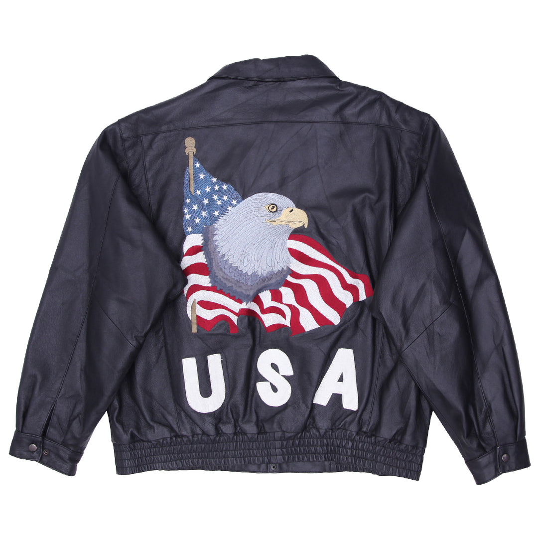 Vintage Leather World Blad Eagle USA Embroidered Full Zip Leather Jacket Black XL - Fashion Rerun Vintage Migration_Jacket