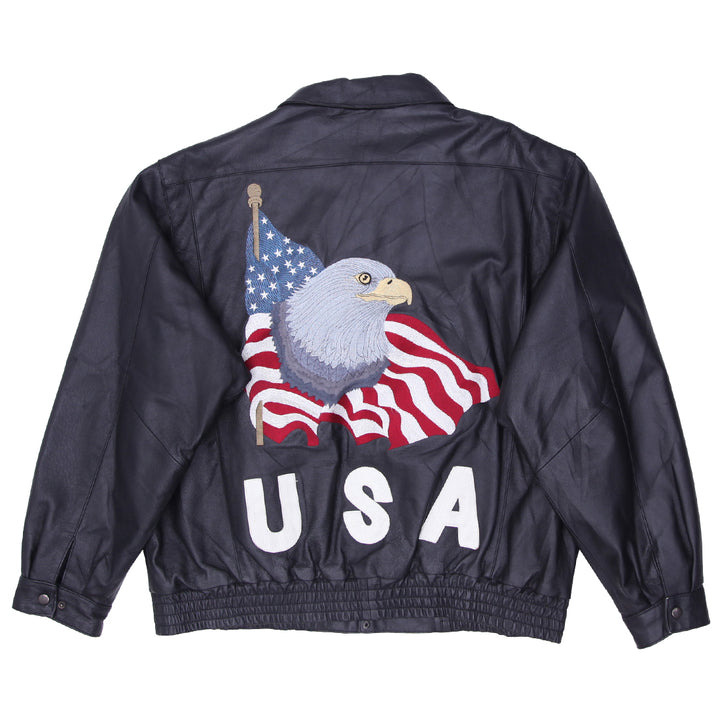 Vintage Leather World Blad Eagle USA Embroidered Full Zip Leather Jacket Black XL - Fashion Rerun Vintage Migration_Jacket