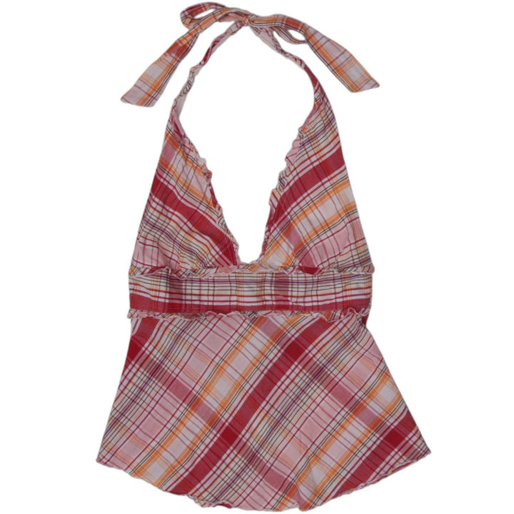 Y2K Ladies Forever Plaid Cotton Halter Top Babydoll Tunic Size S