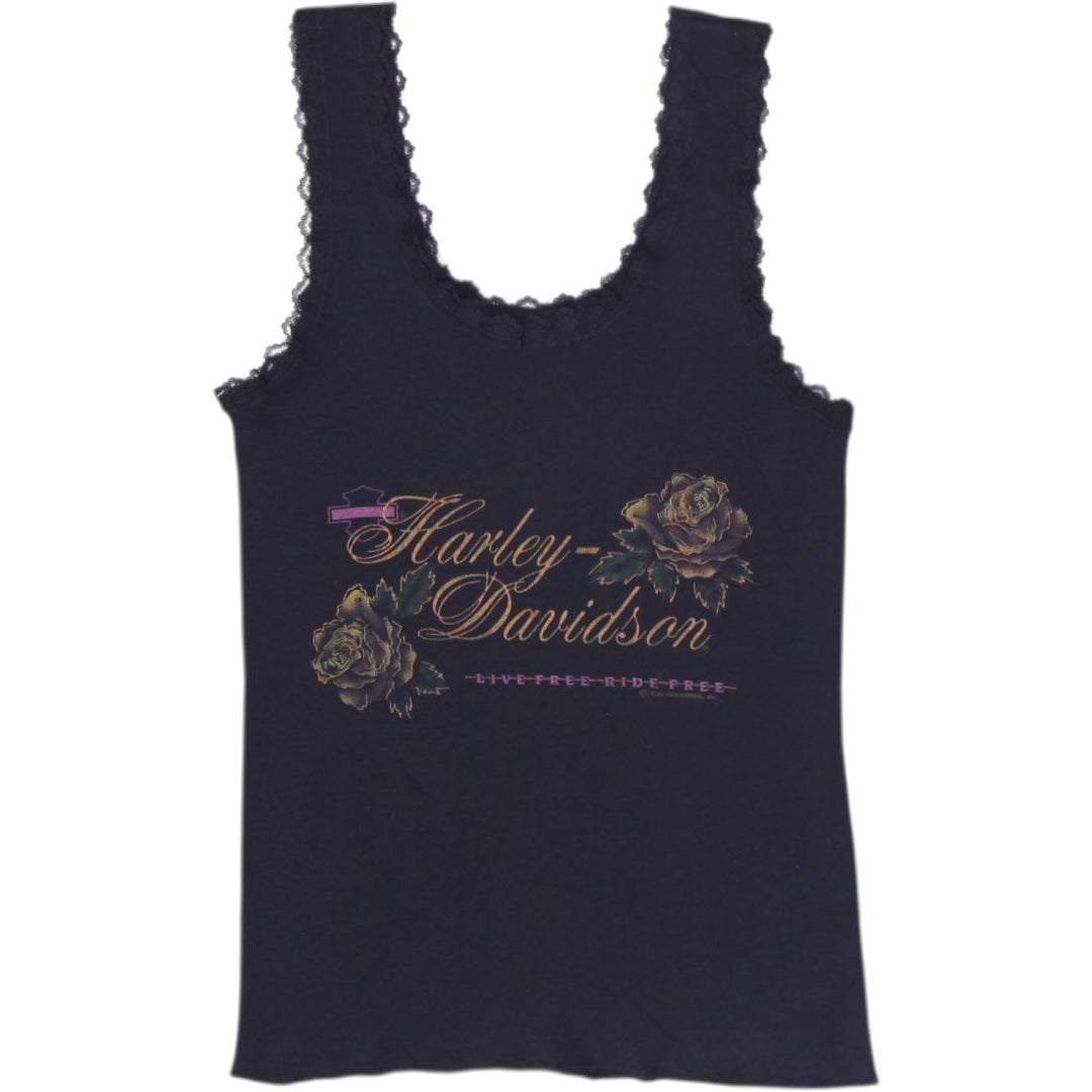 Ladies Harley Davidson Lace Trim Ribbed Gold Rose Tank Top