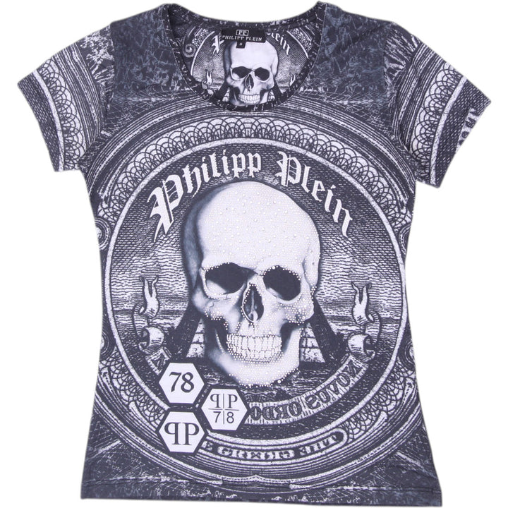 Y2K Ladies Philipp Plein Gothic Skull All Over Print T-Shirt Size S