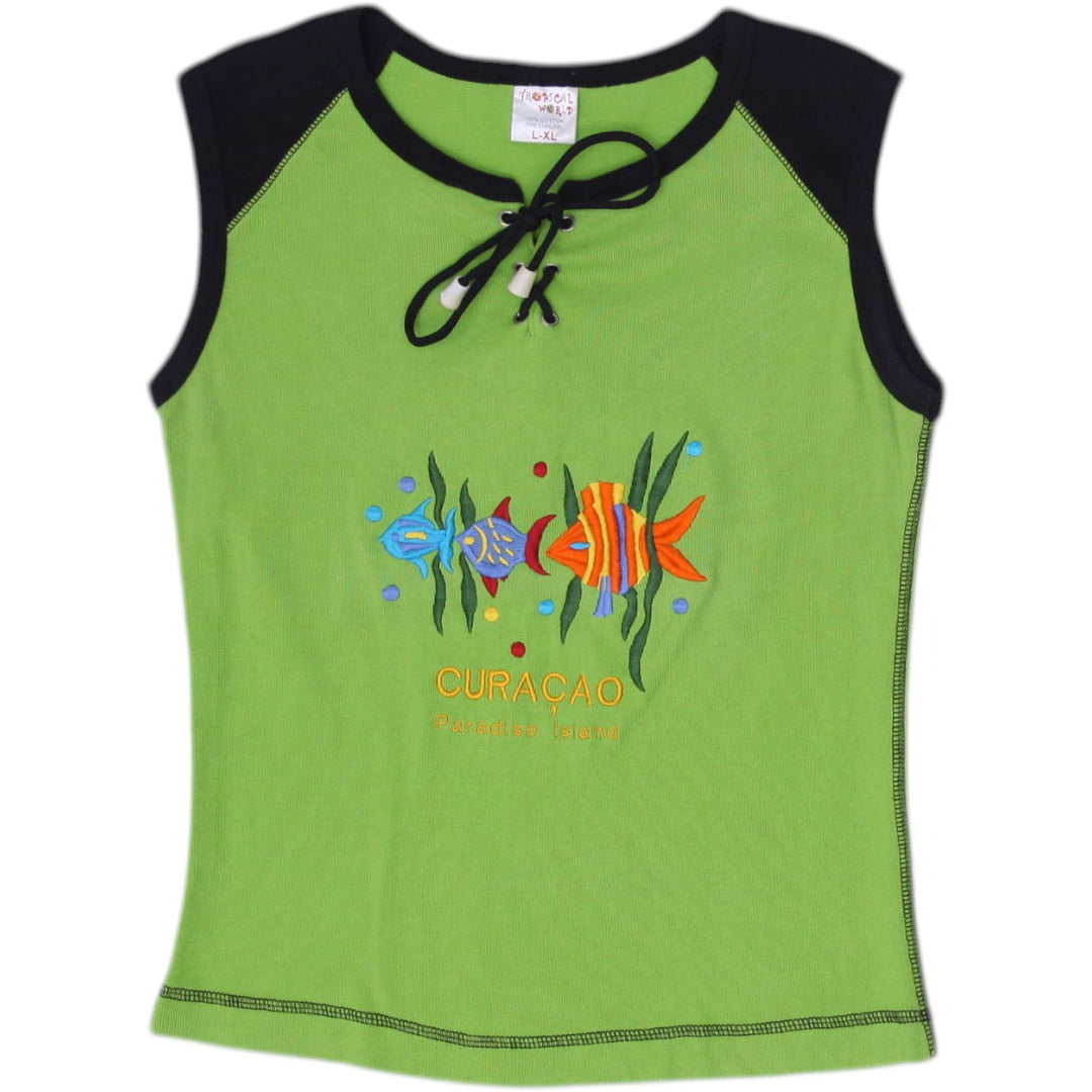 Y2K Ladies Tropical World Fish Embroidered Sleeveless Tee Size L-XL