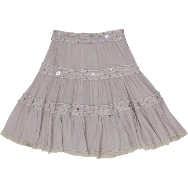 Y2K Ladies Banana U.S.A. Boho Tiered Chiffon Skirt Lace & Shell Embellishments S
